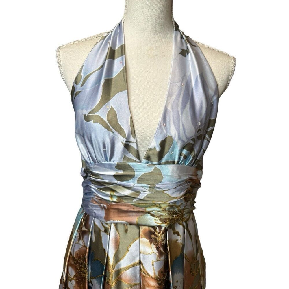 Adrianna Papell Occasions 100% Silk Blue Floral Halter Sequin Dress Y2K Sz 14 - Picture 4 of 14